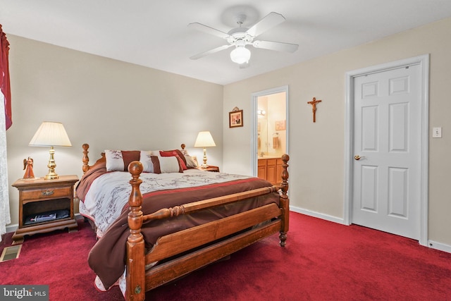 carpeted bedroom featuring connected bathroom and ceiling fan