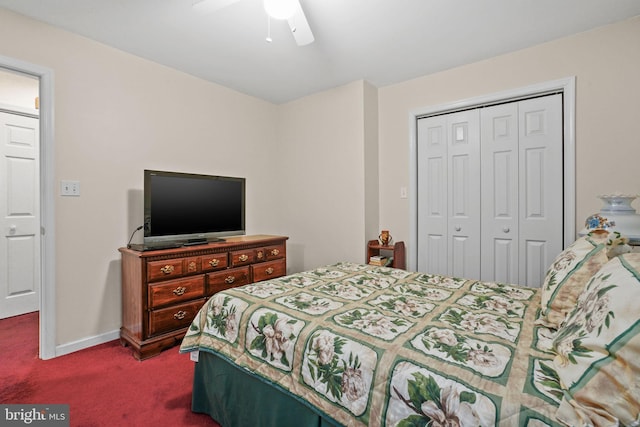 carpeted bedroom with ceiling fan and a closet