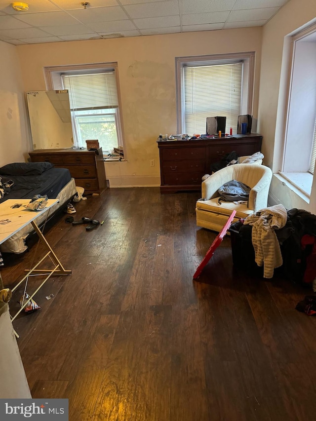 bedroom featuring hardwood / wood-style flooring and a drop ceiling