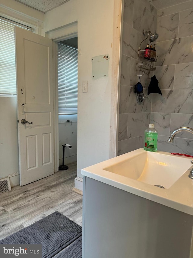 bathroom with wood-type flooring and vanity