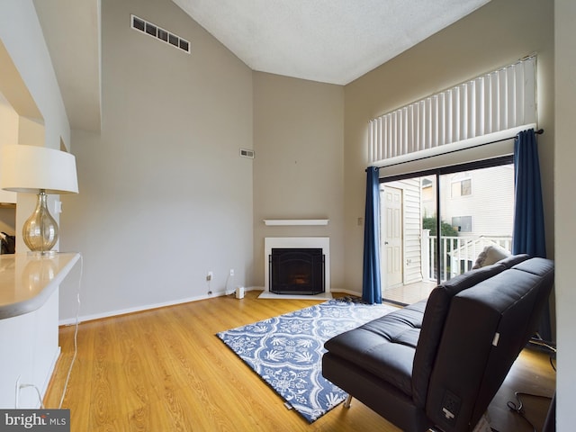 living room with hardwood / wood-style flooring, lofted ceiling, and a textured ceiling