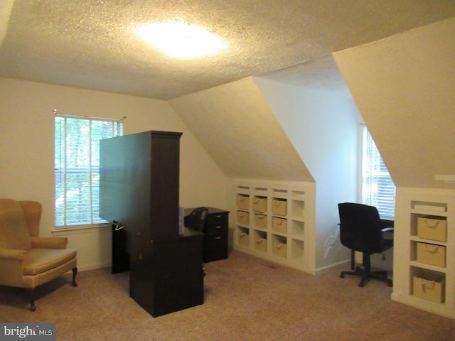 carpeted home office with a textured ceiling, a healthy amount of sunlight, and lofted ceiling