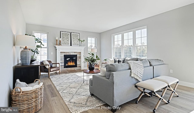 living room with light hardwood / wood-style flooring, a wealth of natural light, and a fireplace