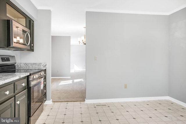kitchen featuring pendant lighting, a notable chandelier, light stone counters, stainless steel appliances, and crown molding