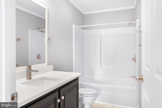 full bathroom with shower / bath combination, vanity, ornamental molding, tile patterned floors, and toilet
