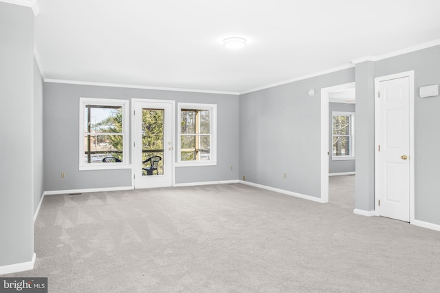 carpeted spare room with ornamental molding