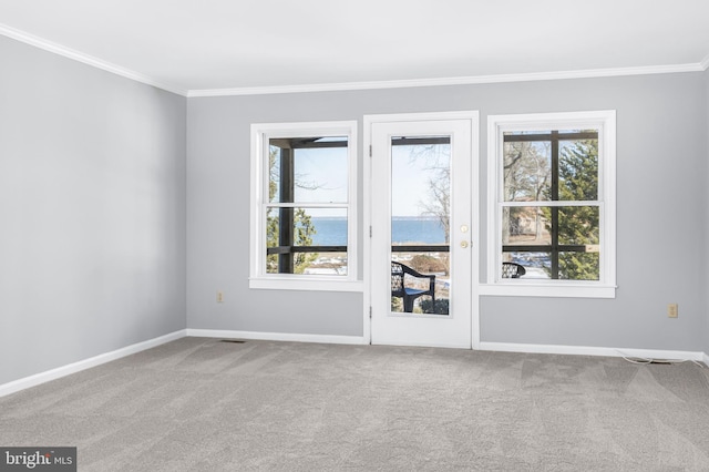 unfurnished room with a water view, plenty of natural light, and carpet