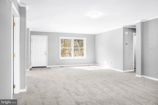 spare room with ornamental molding and light carpet