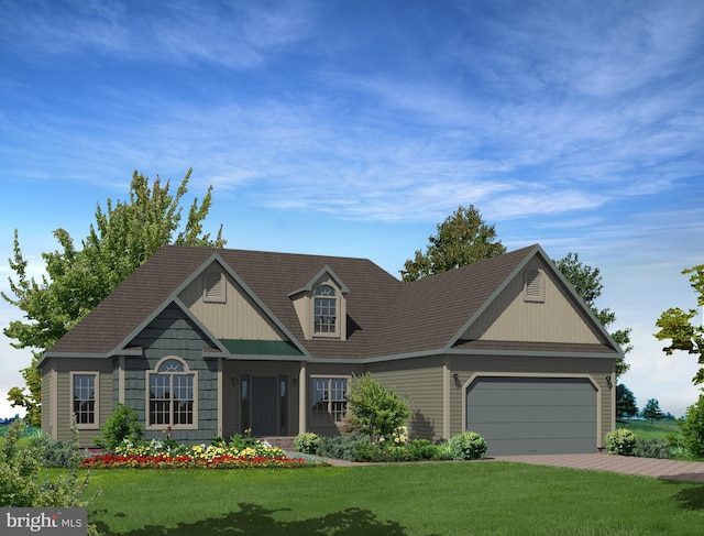 view of front facade with a garage and a front lawn