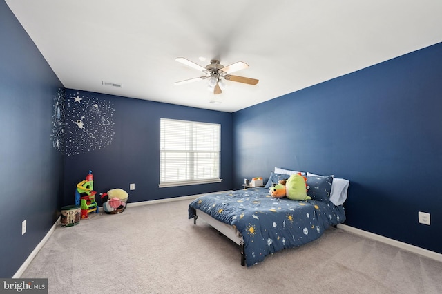 bedroom featuring carpet, visible vents, ceiling fan, and baseboards