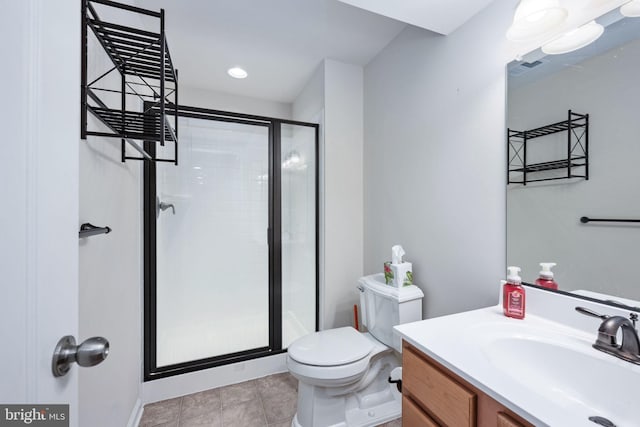 full bath with toilet, visible vents, a stall shower, and vanity