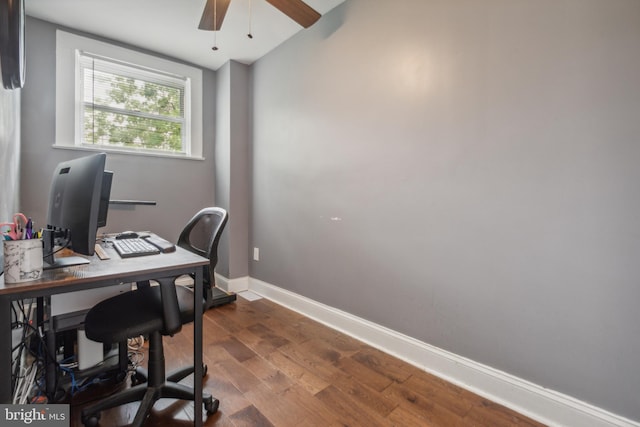 home office with ceiling fan and wood-type flooring