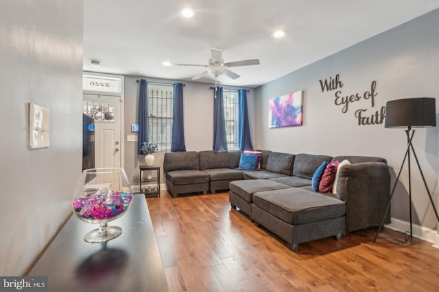 living room featuring ceiling fan and wood-type flooring