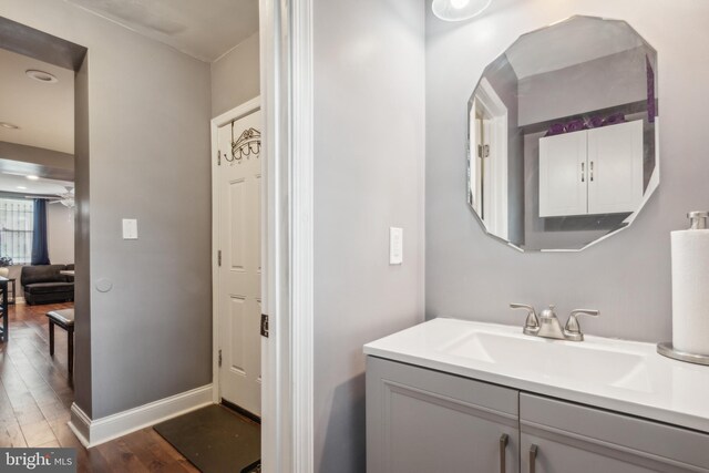 bathroom featuring vanity and hardwood / wood-style flooring