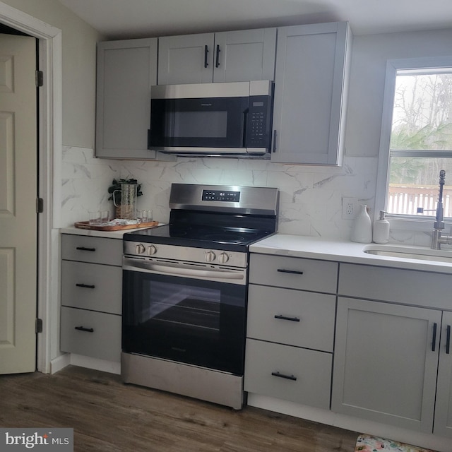 kitchen featuring dark hardwood / wood-style flooring, stainless steel appliances, backsplash, and sink