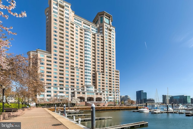 view of building exterior featuring a water view