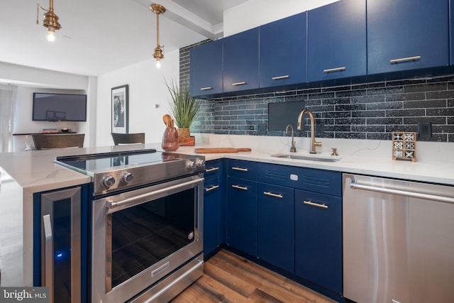 kitchen featuring blue cabinets, sink, stainless steel appliances, and dark hardwood / wood-style flooring