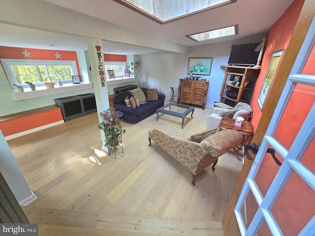 living room with wood-type flooring and a skylight