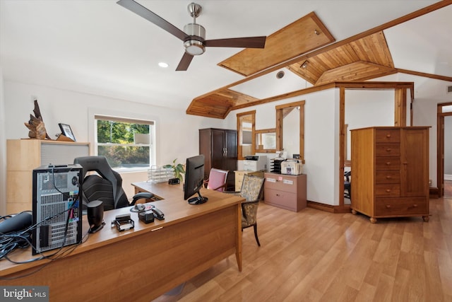 office area featuring ceiling fan, wood ceiling, vaulted ceiling, and light wood-type flooring