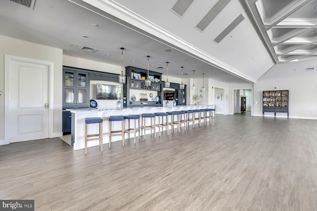 kitchen featuring hanging light fixtures, a kitchen bar, light wood-type flooring, and a spacious island