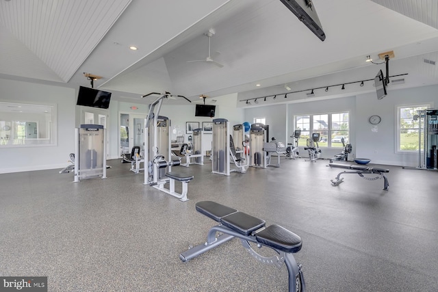 workout area featuring track lighting, high vaulted ceiling, and ceiling fan