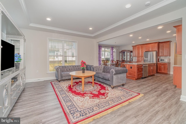 living room featuring ornamental molding, light wood-type flooring, a tray ceiling, and a healthy amount of sunlight