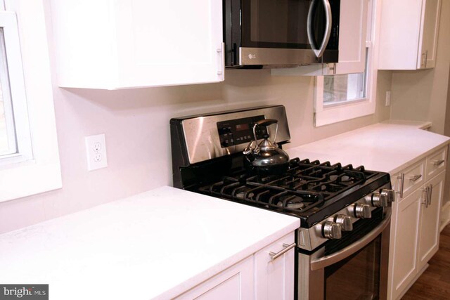 kitchen featuring white cabinets, wood-type flooring, and appliances with stainless steel finishes