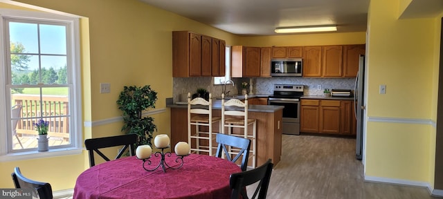 kitchen featuring wood-type flooring, a wealth of natural light, backsplash, and stainless steel appliances