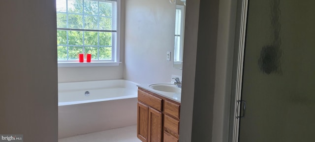 bathroom featuring vanity and independent shower and bath