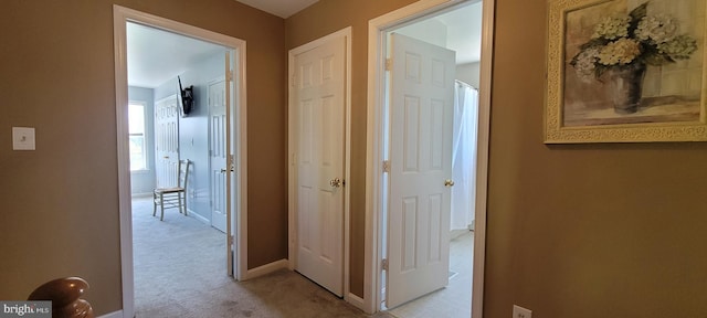 hall featuring light colored carpet