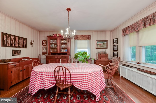 dining space with wood-type flooring, ornamental molding, radiator, and an inviting chandelier