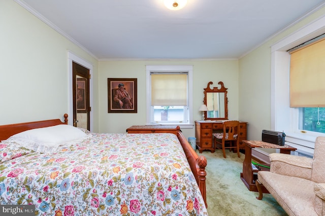 carpeted bedroom featuring crown molding