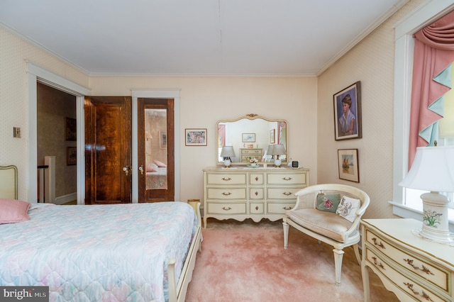 carpeted bedroom with ornamental molding