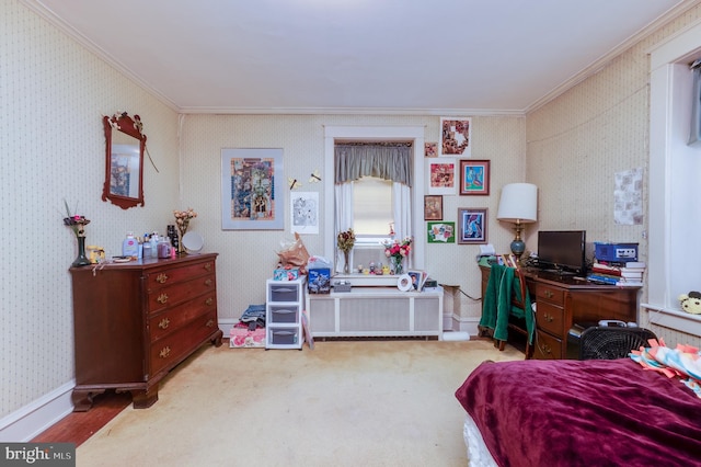 carpeted bedroom featuring ornamental molding