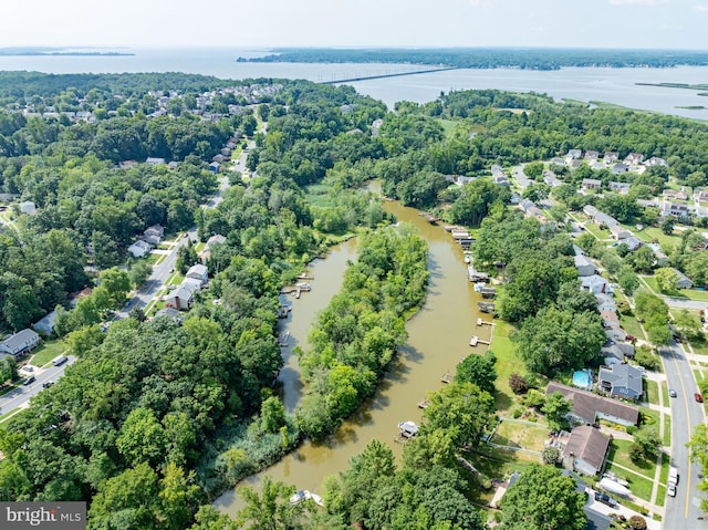 aerial view featuring a water view