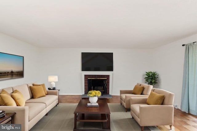 living room with a fireplace