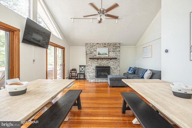 living room with lofted ceiling, rail lighting, a textured ceiling, a fireplace, and hardwood / wood-style flooring