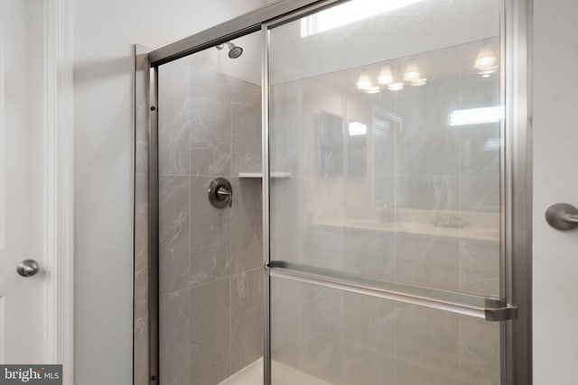 bathroom featuring a shower with door