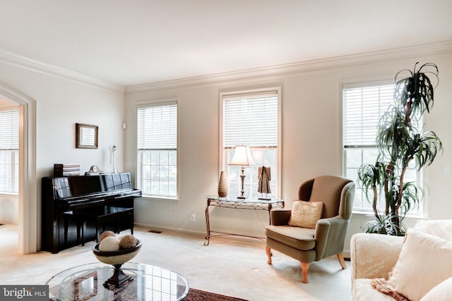 sitting room featuring light carpet, plenty of natural light, and ornamental molding