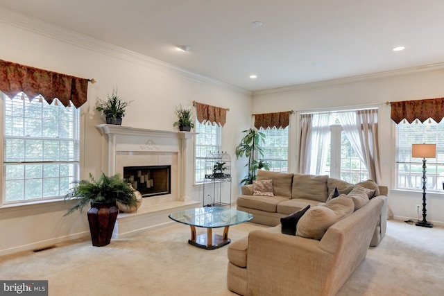 carpeted living room with a fireplace and ornamental molding