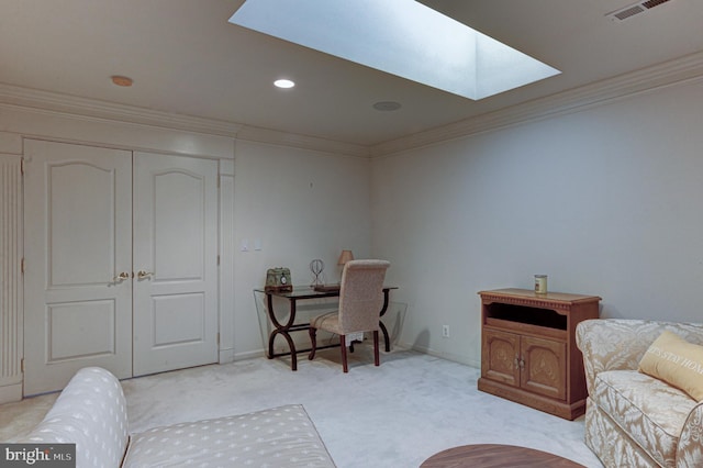 living room featuring light carpet, a skylight, and crown molding