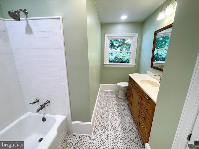 full bathroom with  shower combination, toilet, tile patterned floors, and vanity