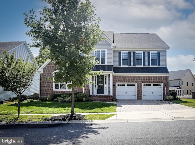 view of front of property featuring decorative driveway, brick siding, roof with shingles, an attached garage, and a front yard