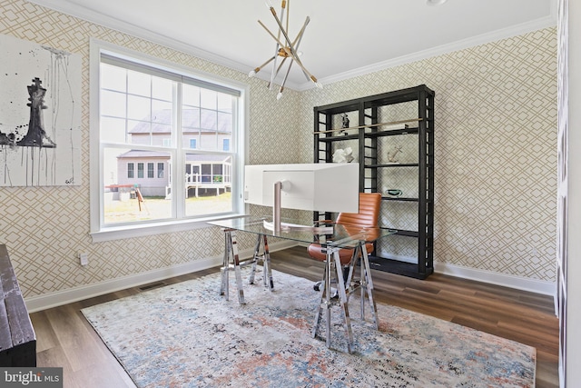 office area featuring dark wood finished floors, crown molding, visible vents, baseboards, and wallpapered walls