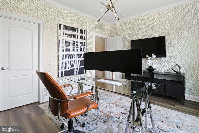 office space with dark wood finished floors, crown molding, baseboards, and wallpapered walls