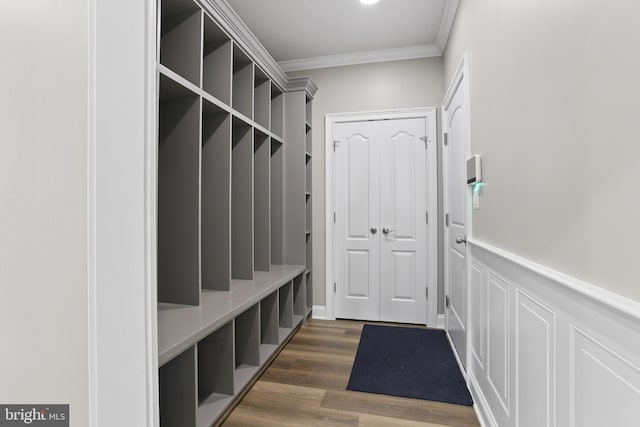 mudroom featuring ornamental molding, dark wood-type flooring, and wainscoting