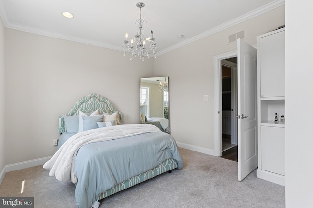 bedroom with a notable chandelier, light colored carpet, visible vents, baseboards, and crown molding