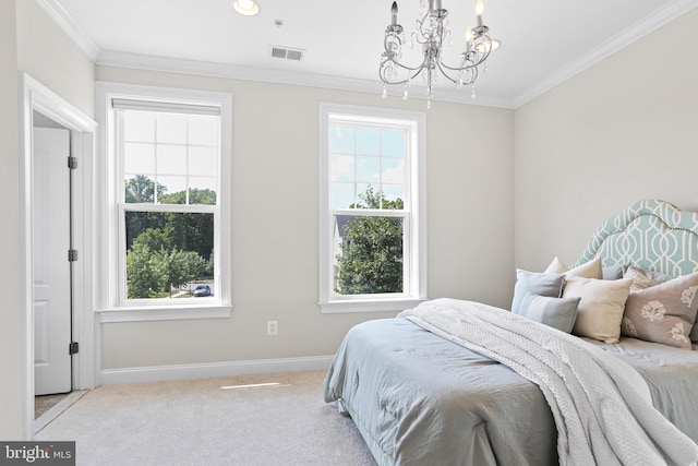 bedroom with multiple windows, visible vents, ornamental molding, and light colored carpet