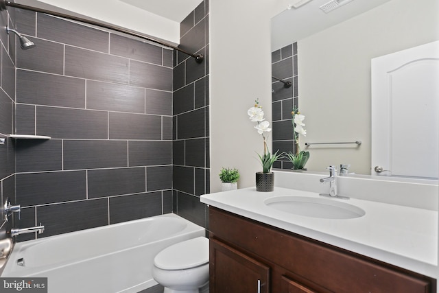 full bath featuring  shower combination, visible vents, toilet, and vanity