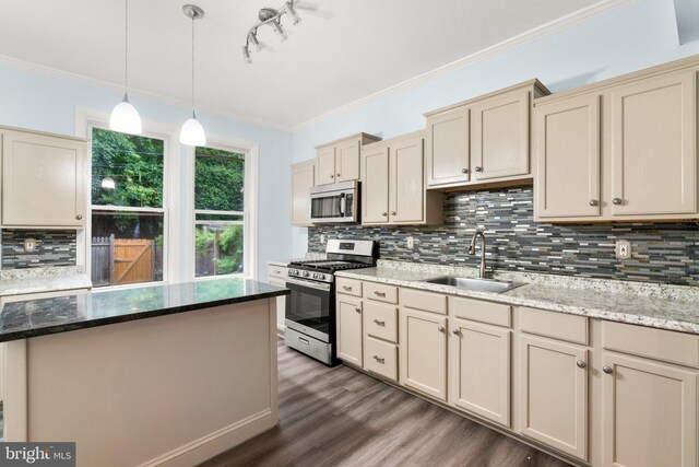 kitchen with sink, crown molding, cream cabinets, and stainless steel appliances